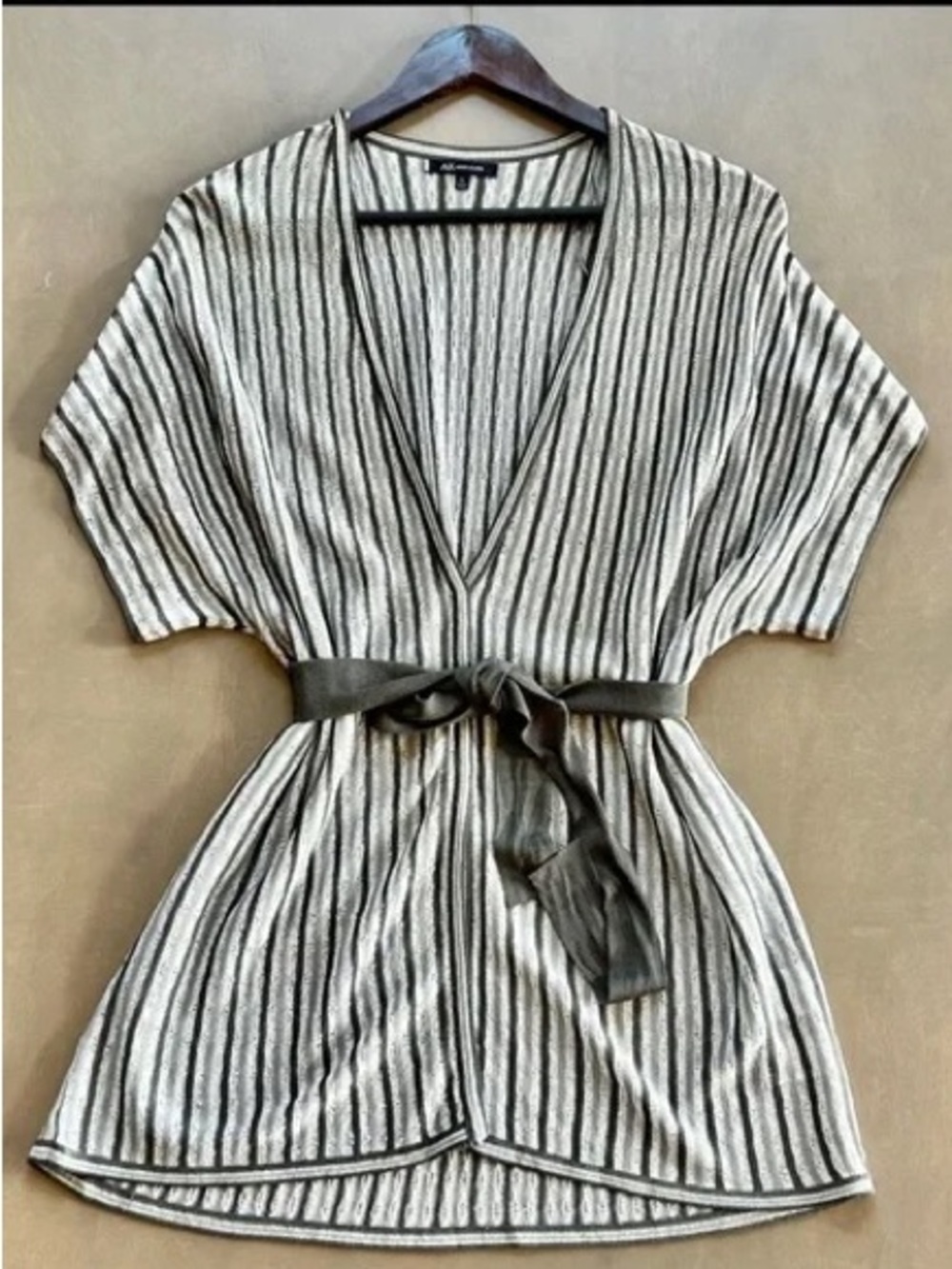 Anne Klein Gray Striped V-Neck Wrap Tunic with Waist Tie
